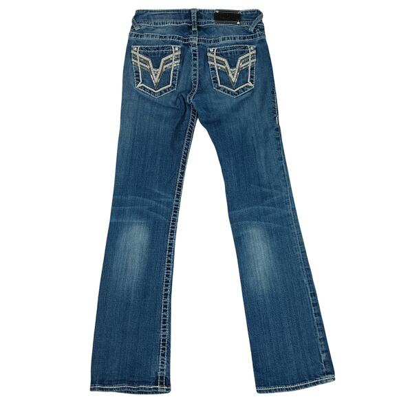 Vigoss Chelsea Boot Cut Jeans Women 27X32 Blue Fade Whiskered Jeweled Stretch - Picture 2 of 12